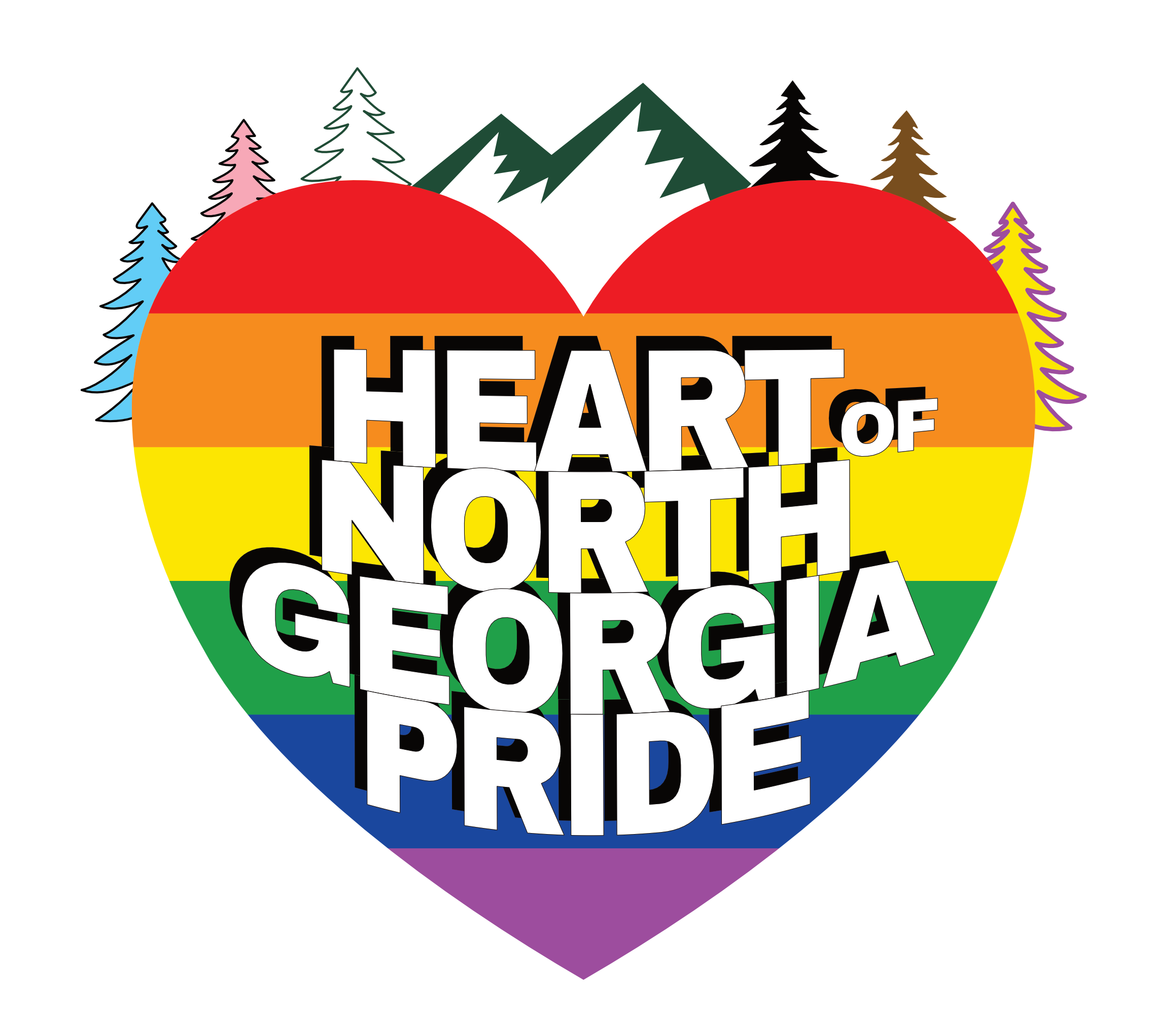 rainbow heart topped with pine trees with Heart of north Georgia Pride written over it